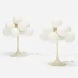 Swiss, table lamps, pair, c. 1960, enameled aluminum, frosted glass, enameled steel