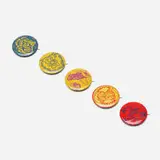 Gladys Nilsson, collection of five buttons by Jim Falconer, Art Green, Gladys Nilsson, Jim Nutt, Suellen Rocca and Karl Wirsum, 1967, transfer print on steel