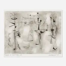 Figures in Landscape by Dorothy Dehner, 1955, etching and aquatint on paper, sold Apr 2019