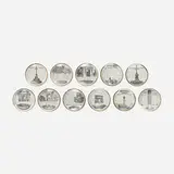 The Glory of Italian Cookery plates, collection of eleven by Piero Fornasetti, c. 1965, transfer-printed and gilt porcelain, sold Apr 2019
