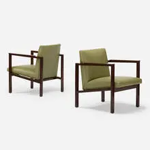 lounge chairs model 406, pair by Edward Wormley, c. 1962, mahogany, leather, sold Apr 2019