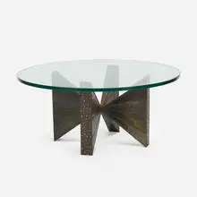 coffee table by Paul Evans, 1967, welded and enameled steel, glass, sold Apr 2019