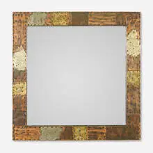 mirror, model PE 18 by Paul Evans, c. 1970, welded and enameled steel, welded and enameled copper, mirrored glass, sold Apr 2019