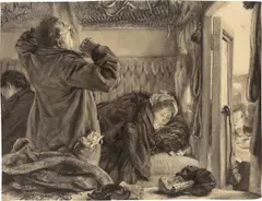 Adolph von Menzel, Morgens früh im Nachtschnellzug, 1877, Tuschpinsel und -feder sowie Bleistift, mit Deckweiß gehöht, auf leichtem Karton, auf blauen, leichten Karton aufgezogen