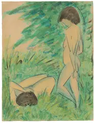 Zwei weibliche Akte im Wald by Otto Mueller, Aquarell über schwarzer und blauer Kreide auf hellbraunem Papier, sold Jun 2017