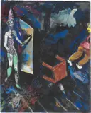 Marc Chagall, La mort et le malheureux ou La mort et celui qui maudit son destin (Fables de La Fontaine), 1926, Gouache auf schwarzem Papier
