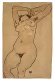 Egon Schiele, Liegender Akt (Reclining Nude), 1918, Kohle, wohl von fremder Hand aquarelliert, auf laviertem Papier