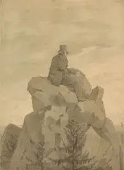 Georg Friedrich Kersting, Caspar David Friedrich auf dem Felsen („Ausblick aufs Meer“). Freundschaftsporträt und frühe Umsetzung einer programmatischen Bildidee von Caspar David Friedrich, Um 1809, Bleistift, mit Grautönen aquarelliert, auf Velin und auf leichten Karton montiert