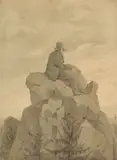Georg Friedrich Kersting, Caspar David Friedrich auf dem Felsen („Ausblick aufs Meer“). Freundschaftsporträt und frühe Umsetzung einer programmatischen Bildidee von Caspar David Friedrich, Um 1809, Bleistift, mit Grautönen aquarelliert, auf Velin und auf leichten Karton montiert