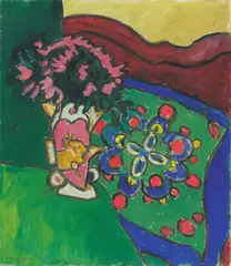 Gabriele Münter, Blumenstillleben mit Sofa und Kissen, 1910, Öl auf Leinwand