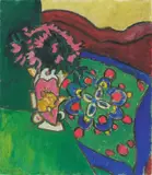 Gabriele Münter, Blumenstillleben mit Sofa und Kissen, 1910, Öl auf Leinwand