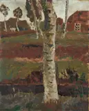 Paula Modersohn-Becker, Birkenstamm am Moorgraben vor Landschaft mit Haus, Um 1900, Öl auf Pappe