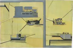 Neo Rauch, DREI, 1996, Öl auf Papier, collagiert auf Leinen