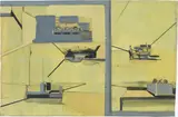Neo Rauch, DREI, 1996, Öl auf Papier, collagiert auf Leinen