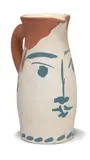 Face tankard by Pablo Picasso, 1959, Turned pitcher of white earthenware clay, decoration in engobes, glaze inside, sold Feb 2019