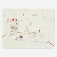 Composition (Taking a Nap) by Annie Pootoogook, ink and colored pencil on paper, sold Mar 2024