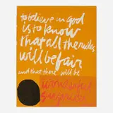 to believe in god (from Words of Ugo Betti) by Corita Kent, 1965, screenprint in colors on 3M art fabric, sold Mar 2024