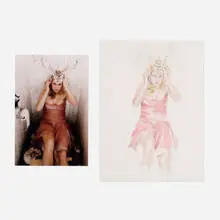 Patty Chang, Two works from the Sorority Stage Fright portfolio, 2004, C-print; watercolor and graphite on paper