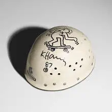 Keith Haring, Untitled (Helmet and Invitation), 1987, marker on helmet, marker on printed paper