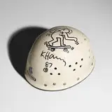 Keith Haring, Untitled (Helmet and Invitation), 1987, marker on helmet, marker on printed paper