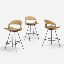 bar stools, set of three by Arthur Umanoff, c. 1955, enameled steel, elm, jute, sold Feb 2019