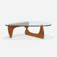coffee table, model IN-50 by Isamu Noguchi, 1944, walnut, glass, sold Feb 2019