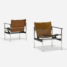 Sling chairs model 657, pair by Charles Pollock, 1964 / 1978, leather, chrome-plated steel, enameled aluminum, sold Feb 2019
