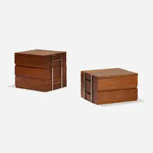 Hugh Acton, cabinets, set of two, c. 1960, walnut, chrome-plated steel, enameled steel