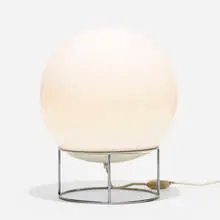 Hugh Acton, table lamp, c. 1970, frosted glass, chrome-plated steel, enameled aluminum