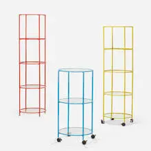 Hugh Acton, Rondo stands, set of three, c. 1975, enameled steel, mirrored acrylic, glass, aluminum, plastic