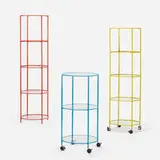 Hugh Acton, Rondo stands, set of three, c. 1975, enameled steel, mirrored acrylic, glass, aluminum, plastic