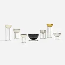 Hugh Acton, collection of seven AMV Planters, c. 1960, enameled aluminum, chrome-plated steel, aluminum
