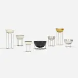 Hugh Acton, collection of seven AMV Planters, c. 1960, enameled aluminum, chrome-plated steel, aluminum