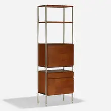 Hugh Acton, shelving unit, c. 1960, walnut, aluminum, enameled steel