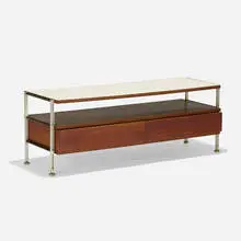 Hugh Acton, coffee table, c. 1960, walnut, laminate, aluminum