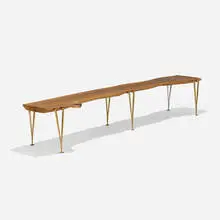 Hugh Acton, Experimental free-edge bench, walnut, brass, chrome-plated brass