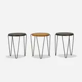Harold Cohen and Davis Pratt, stools, set of three, c. 1955, laminate, walnut, enameled steel