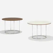 occasional tables, pair by Hugh Acton, c. 1960, laminate over pressboard, chrome-plated steel, sold Feb 2019