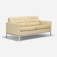 settee by Florence Knoll, upholstery, chrome-plated steel, sold Feb 2019