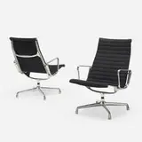 Aluminum Group lounge chairs, pair by Charles and Ray Eames, 1958, cast aluminum, upholstery, enameled steel, plastic, sold Feb 2019