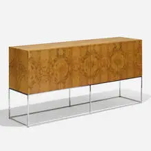 Milo Baughman, cabinet, c. 1970, burled maple, chrome-plated steel