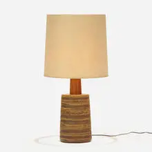 table lamp by Gordon and Jane Martz, c. 1955, glazed stoneware, walnut, linen, sold Feb 2019