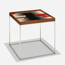 Austin Enterprises, Backgammon table, 1973, chrome-plated steel, reverse-painted glass, walnut