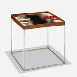 Austin Enterprises, Backgammon table, 1973, chrome-plated steel, reverse-painted glass, walnut
