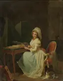 Pierre-Antoine Baudouin, Untitled, a guitar and a cat with blue ribbons beside her oil on canvas 40 x 32cm