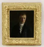 John Linnell, Untitled, in a blue coat and white stock oil on panel 20.5 x 16.3cm