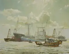 Trevor Crocker, Untitled, Trevor Crocker (1934-1995) A junk with other shipping oil on canvas 76 x 61