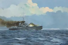 Trevor Crocker, Untitled, Trevor Crocker (1934-1995) A battleship on fire at sea gouache 46 x 70cm