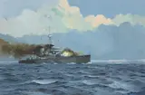Trevor Crocker, Untitled, Trevor Crocker (1934-1995) A battleship on fire at sea gouache 46 x 70cm