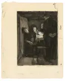 Käthe Kollwitz, Tod“ (Vorzeichnung zu Blatt 2 des Zyklus „Ein Weberaufstand“), 1897, Tuschpinsel, Feder und Deckweiß auf dünnem Velin